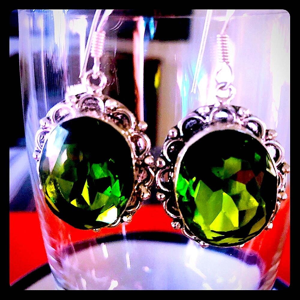 Sterling Silver Green Stained Glass Drop Earrings